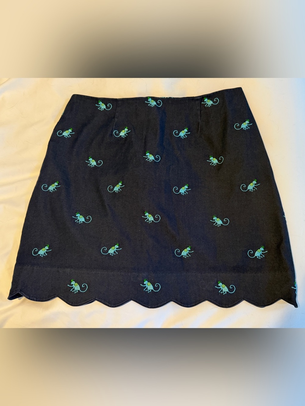 Lilly Pulitzer Navy Skirt with Aqua & Lime Monkey Embroidery scalloped hem sz 4